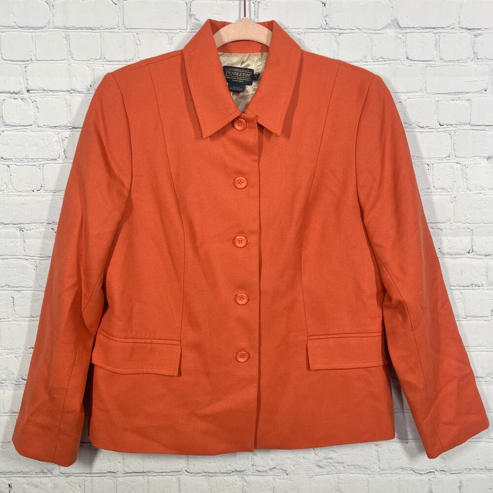 Pendleton Blazer Women Size 12 Orange Virgin Wool Office Business Jacket - Picture 2 of 13